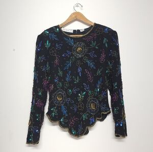 Scala Gorgeous Vintage Elegant Black Blouse with Colorful Beaded Floral Sequin